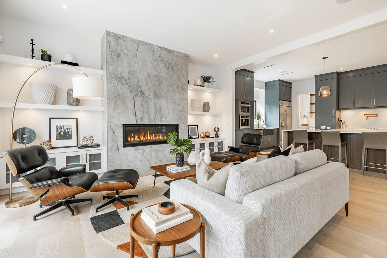 Virtually staged living room with the Reel Estate AI Modified disclosure badge applied