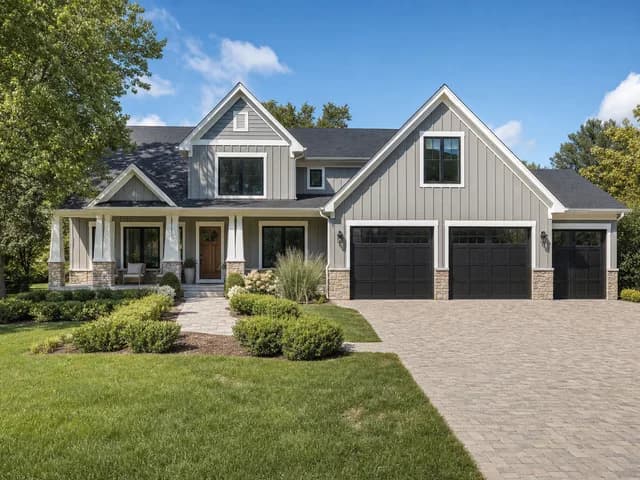 A grey farmhouse exterior listing photo shot in flat midday light